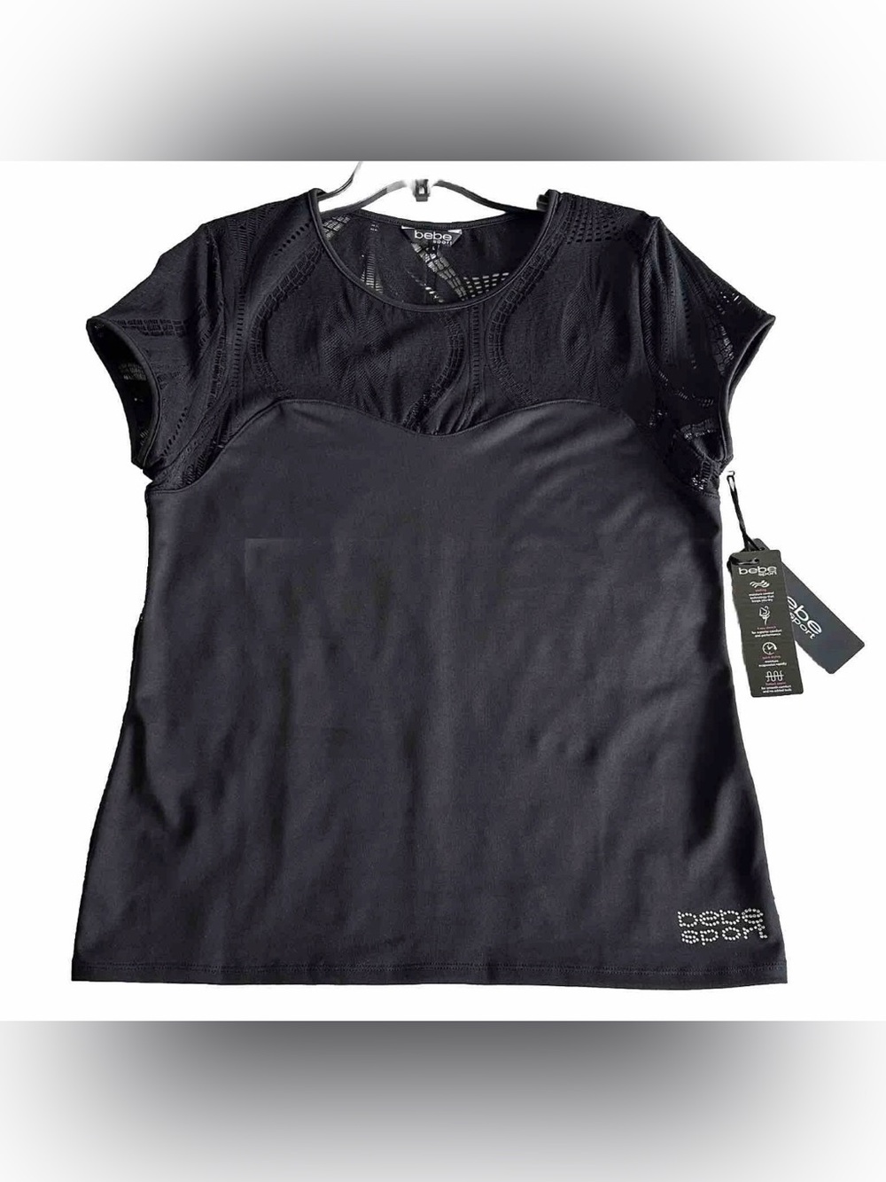 Large New NWT Bebe Sport Active Shirt SS Top Black Lace Neck & Back Reflective